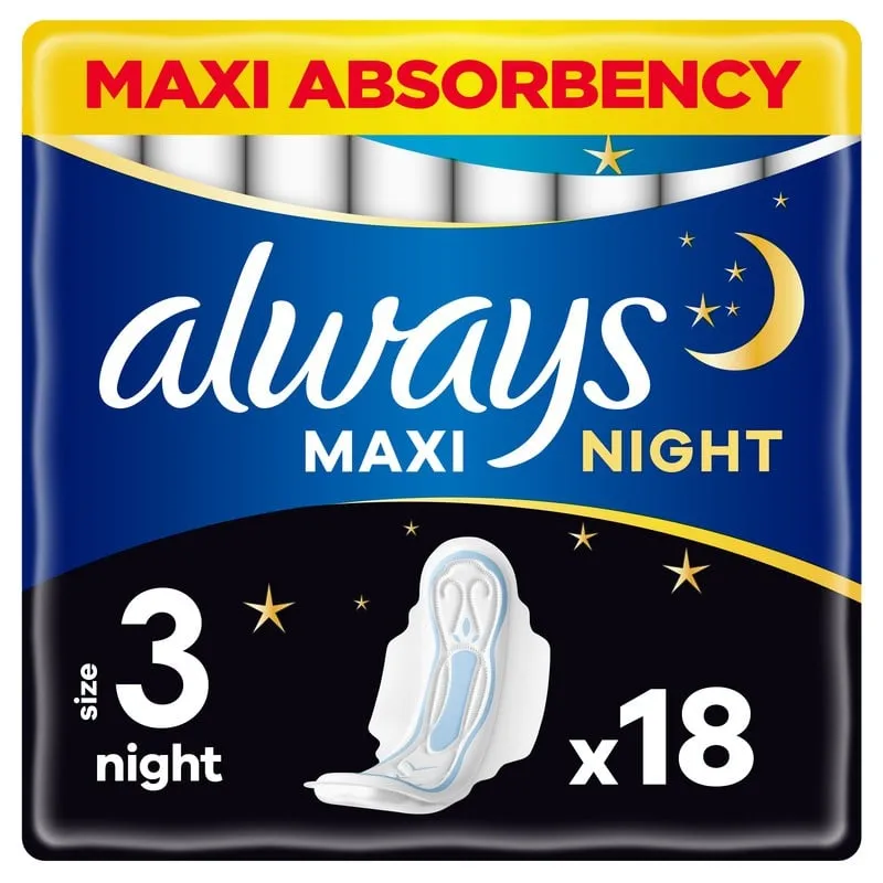Always Maxi Night Sanitetsbindor S3 med vingar 18 st
