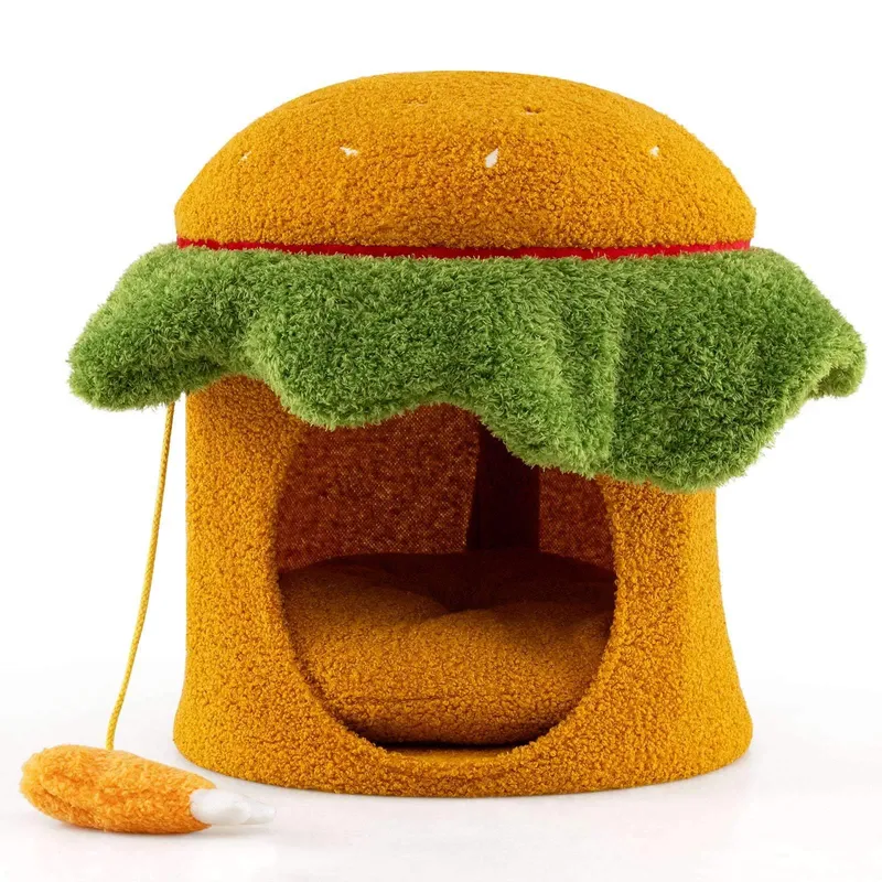 Hamburger kattbädd med plyschleksak - Mysig och rolig reträtt