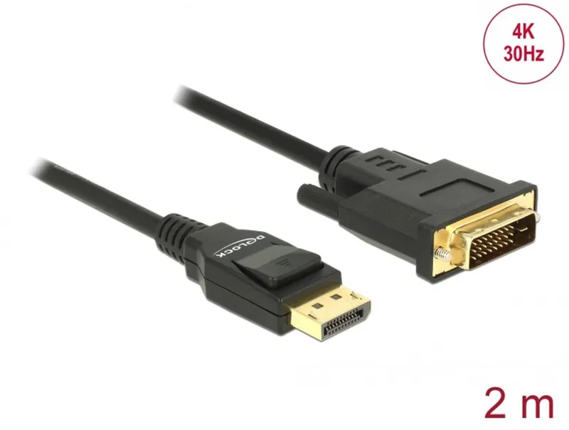 Delock DisplayPort 1.2-kabel hane till DVI 24+1 hane passiv 4K 30 Hz 2m – Svart