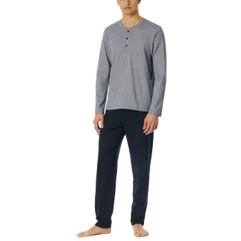Schiesser Casual Essentials Long Pyjama Button Mörkblå bomull X-Large Herr