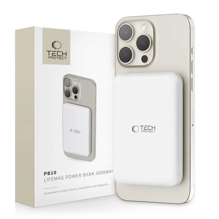Tech-Protect LifeMag PB10 Power Bank with MagSafe 5000mAh 15W USB-C Port - White + USB-C Cable - 5000 mAh