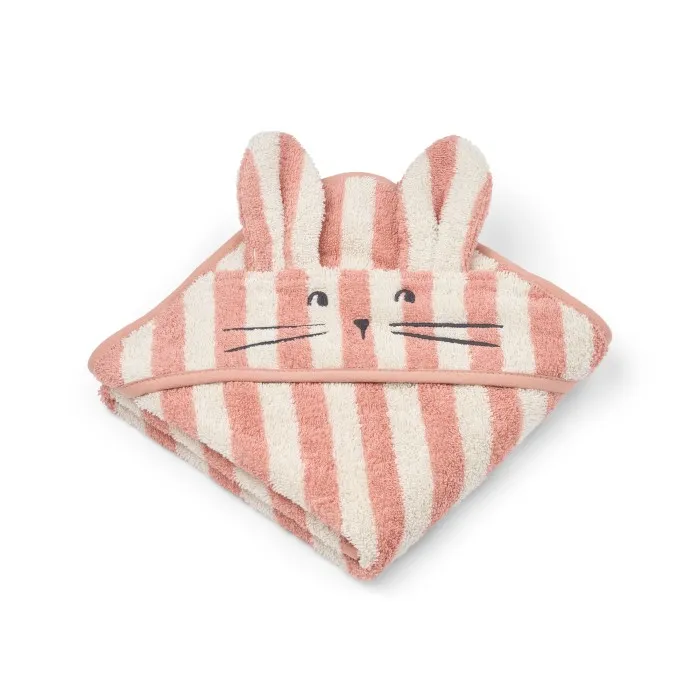 Liewood Albert handduk med huva 70×70 cm Coral blush-creme de la creme stripe