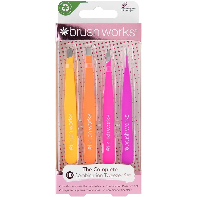 Brushworks HD 4 Piece Combination Tweezer Set – Brights