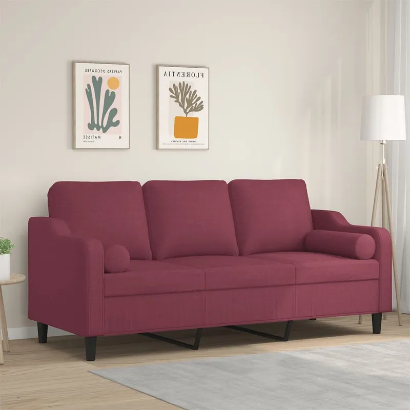 vidaXL 3-sitssoffa med prydnadskuddar vinröd 180 cm Tyg