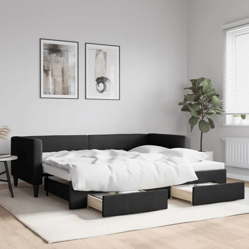 vidaXL Dagbädd utdragbar med lådor svart 90×200 cm tyg (#9901)