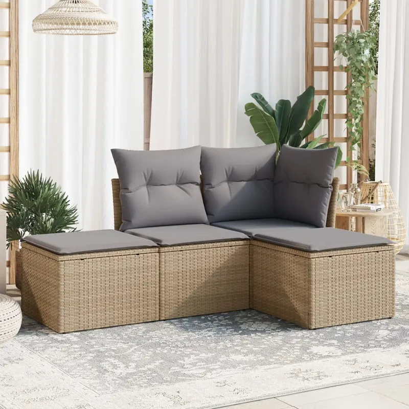 vidaXL Soffgrupp för trädgård med dynor 4 delar beige konstrotting (#2935)