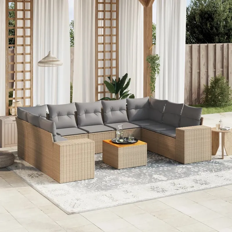 vidaXL Soffgrupp för trädgård med dynor 10 delar beige konstrotting (#4534)