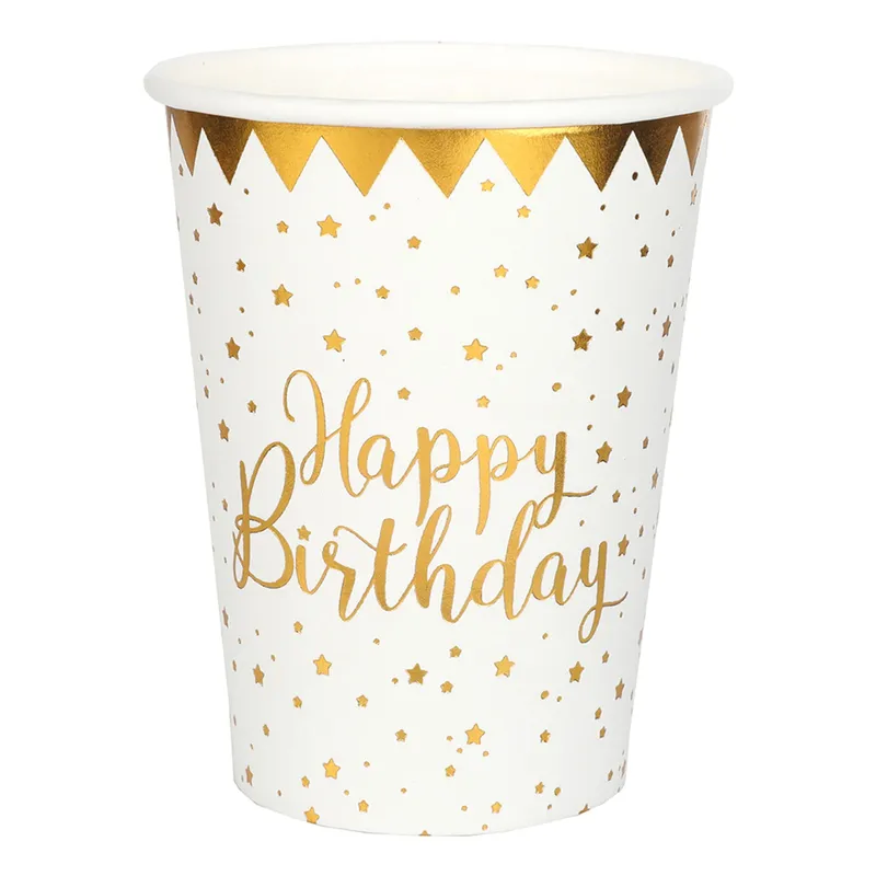 Pappersmuggar Happy Birthday Guld/Vit – 10-pack