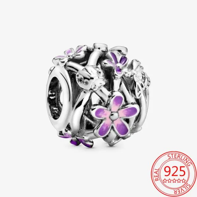 S925 Sterlingsølv Lilla Tusenfryd Murano Perlebelagt Nattehimmel Stjerne Dingleanheng Passer Mote Armbånd DIY Luksus Sølv Jentesmykker