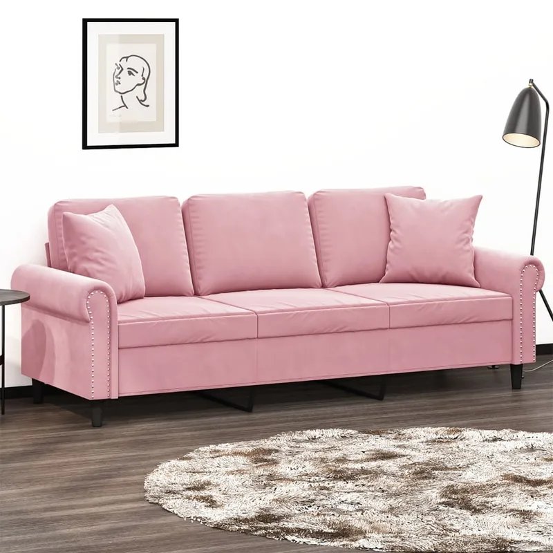 vidaXL 3-sitssoffa med prydnadskuddar rosa 180 cm sammet (#9252)