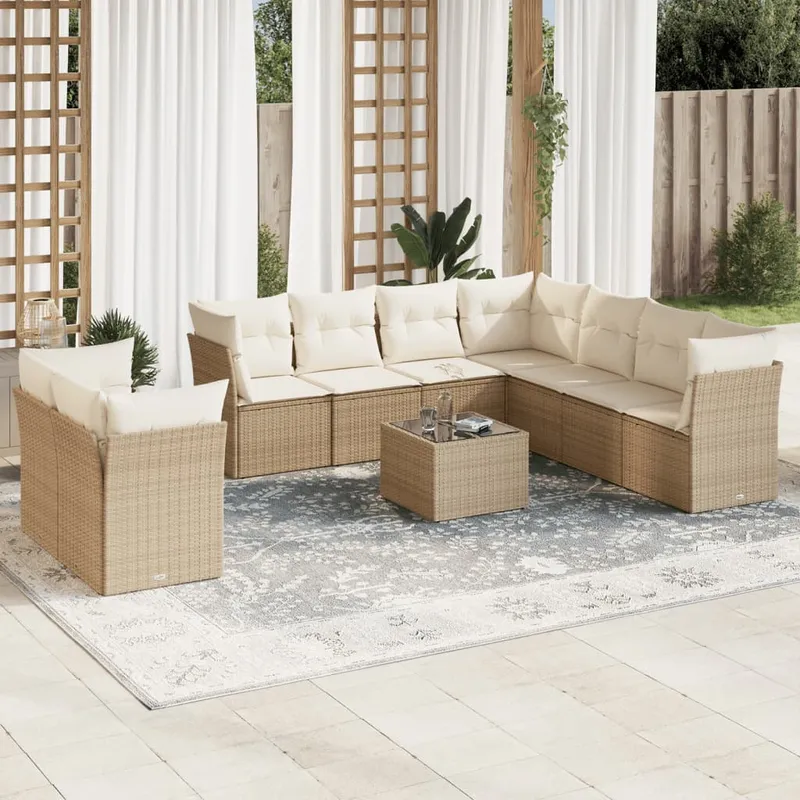 vidaXL Soffgrupp för trädgård med dynor 10 delar beige konstrotting (#4495)