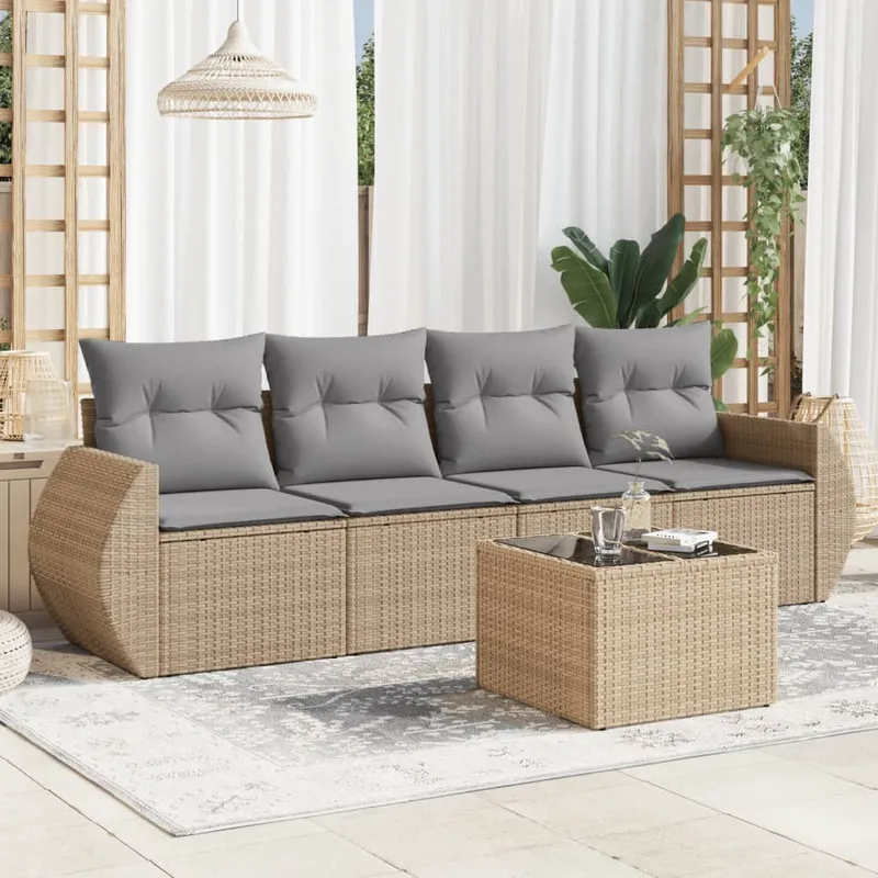 vidaXL Soffgrupp för trädgården med dynor 5 delar beige konstrotting (#4405)