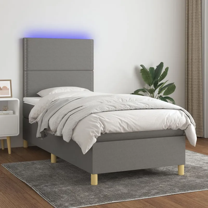 vidaXL Ramsäng med madrass & LED mörkgrå 90×200 cm tyg (#8500)