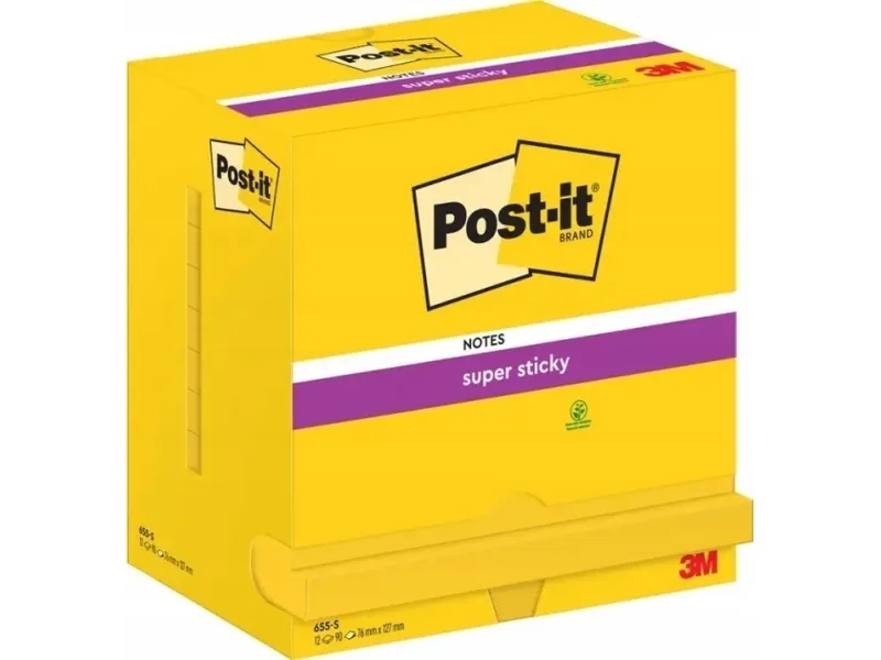 Post-It 3M POST-IT® Super Sticky Sticky Notes (655-S), 127x76mm, 12×90 ark, ljusgul