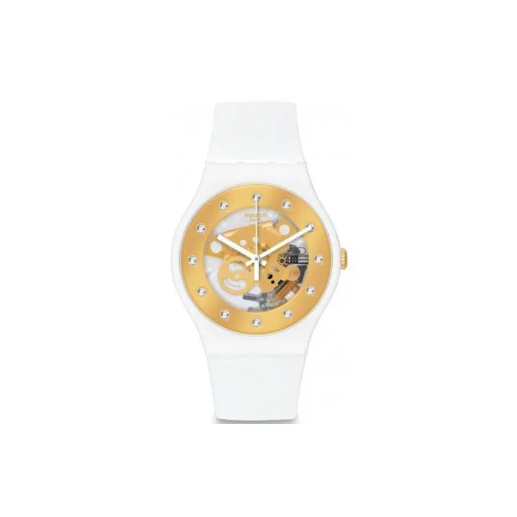 Swatch Originals Serie Kvartsverk 30M Vattentålig Klocka 41Mm Guldurtavla Plastboett Silikonarmband Damklockor SUOZ148 White
