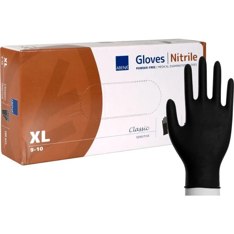 Undersökningshandske, ABENA Classic Sensitive, XL, svart, nitril, puderfri – (100 st.)