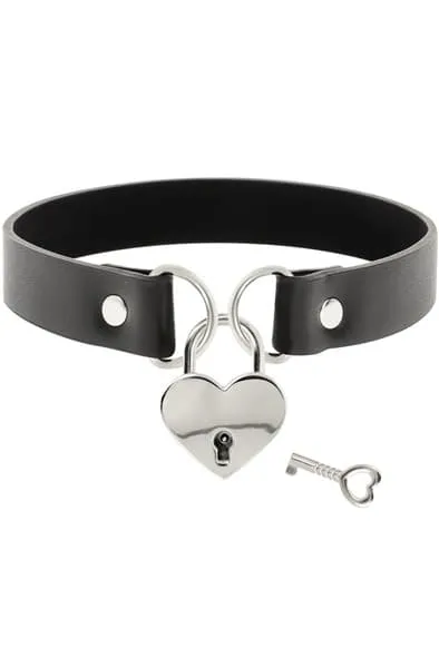 Halsband Choker i Veganskt läder med hjärtformat hänglås med nyckel – Svart