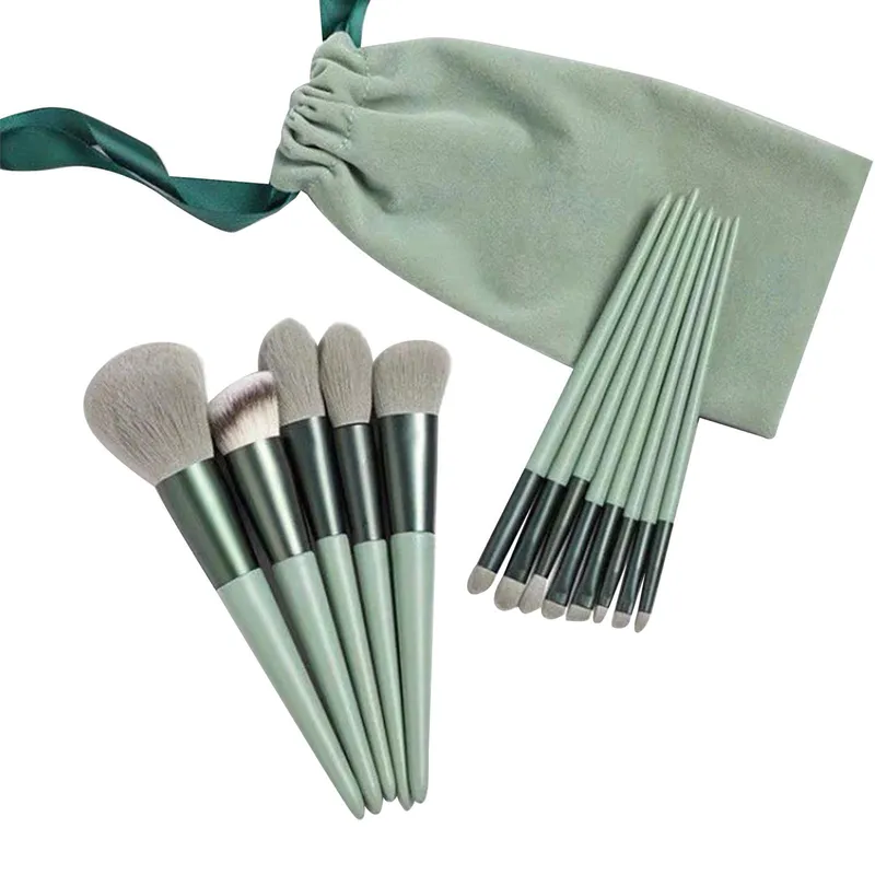 13st Makeup Brush Kit med förvaringsväska för Foundation Lös Powder Blush Concealer Ögonskugga grön