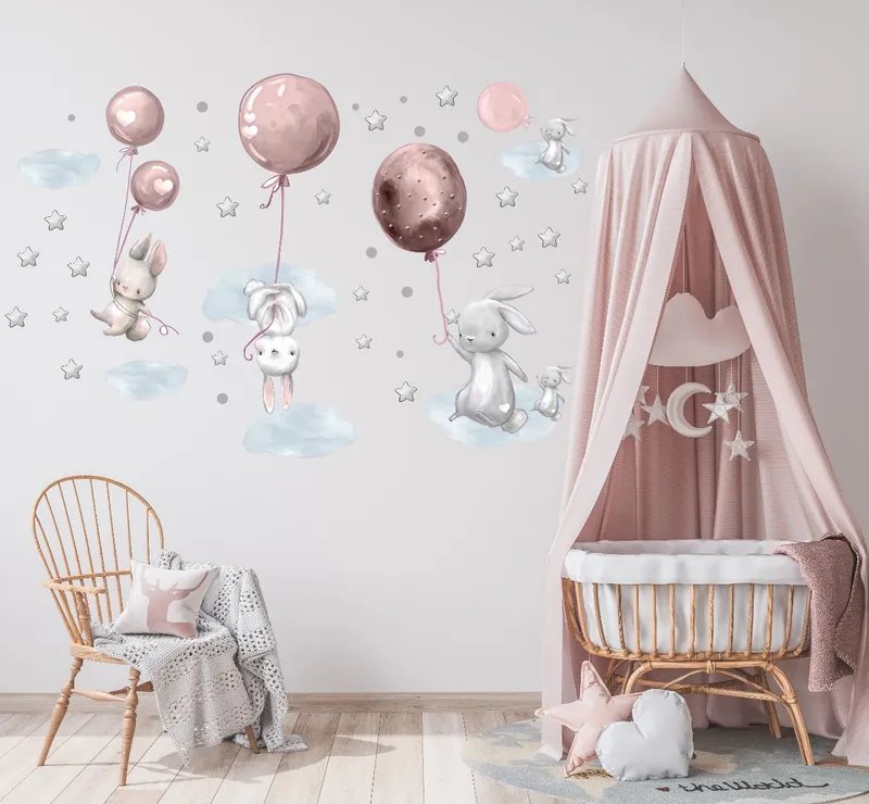 Väggdekal – Kaniner med rosa ballong och moln
