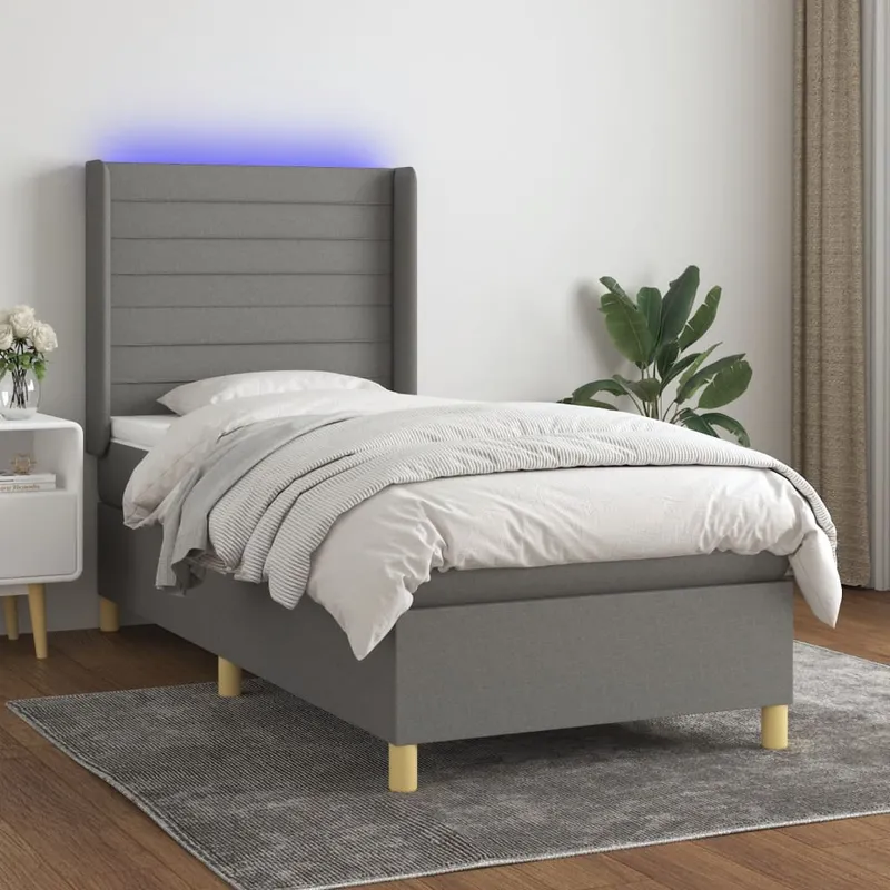 vidaXL Ramsäng med madrass & LED mörkgrå 90×200 cm tyg (#5359)