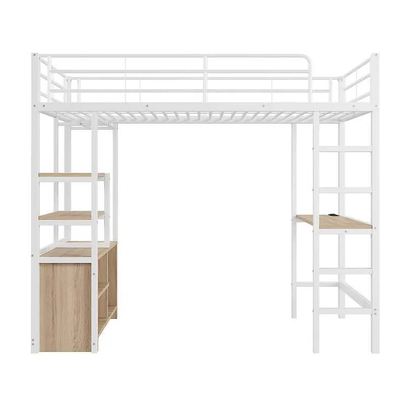 90 x 200 cm loftsäng i metall – med skrivbord + USB-portar + barriärer – vit