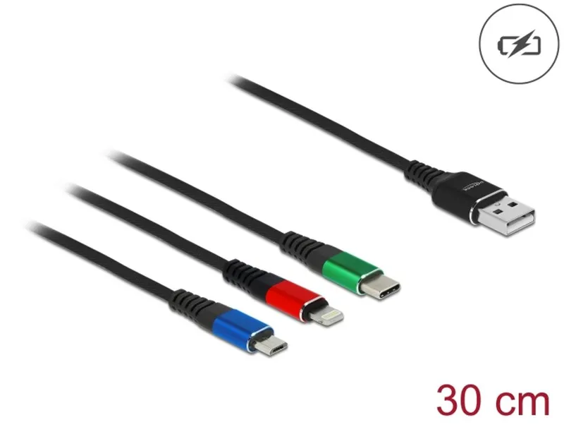 Delock 3-i-1-laddningskabel USB-A till Lightning/Micro USB/USB-C, 30 cm