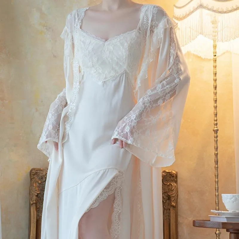 Dame Morgenkåpesett Ensfarget Blonder Patchwork Sexy V-hals Dame Nattkjole Splitt Prinsesse 2 Deler Sett Morgenkåpe for Kvinne M