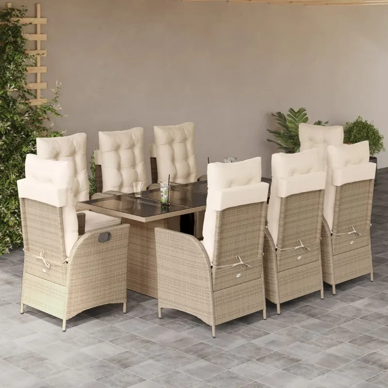 vidaXL Matgrupp för trädgården med dynor 9 delar beige konstrotting (#0924)