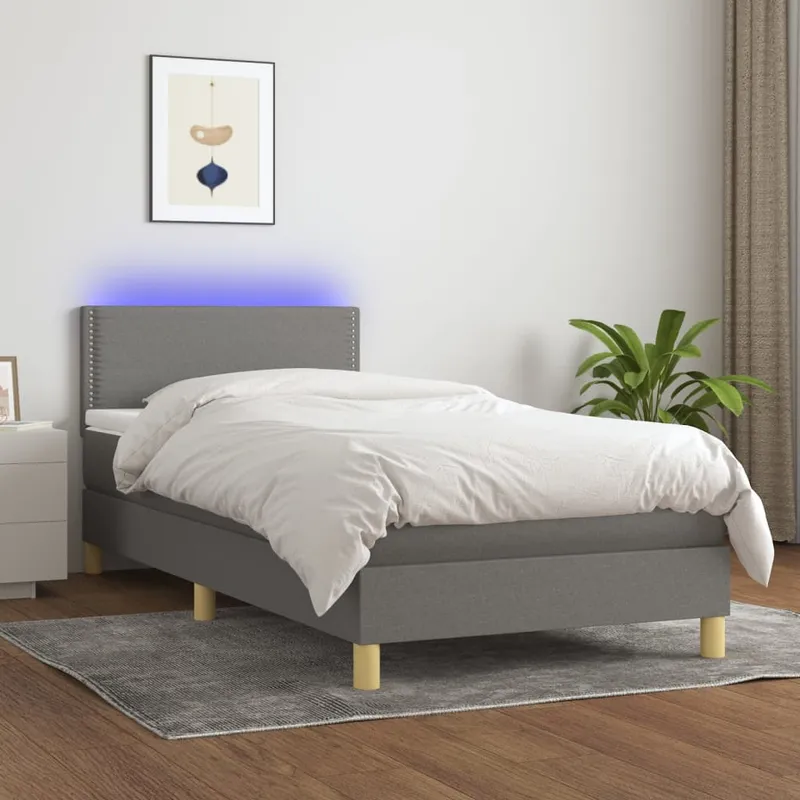 vidaXL Ramsäng med madrass & LED mörkgrå 90×190 cm tyg (#1229)
