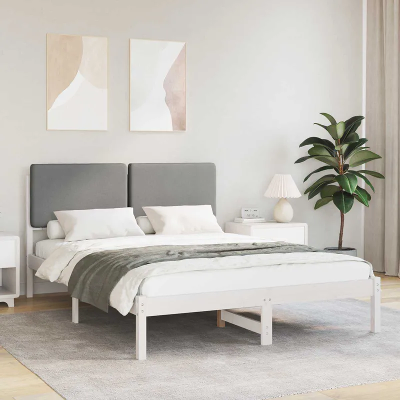 vidaXL Sängram med Klädd Huvudgavel Ljusgrå 160 x 200 cm Massiv furu (#9248)
