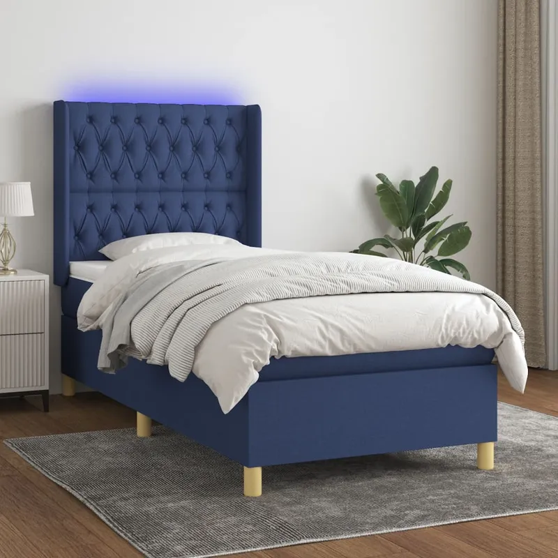 vidaXL Ramsäng med madrass & LED blå 90×190 cm tyg (#6929)