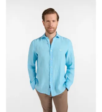 Harmont & Blaine för män. CRQ001012833I Turkos enfärgad skjorta i rent linne (S), Casual, Lino, Klassisk, Lång ärm