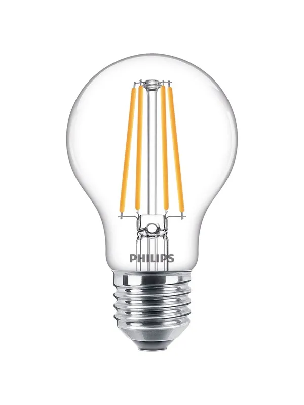 Philips – LED-glödlampa – form: A60 – klar finish – E27 – 8.5 W (motsvarande 75 W) – klass E – varmt vitt ljus – 2700 K