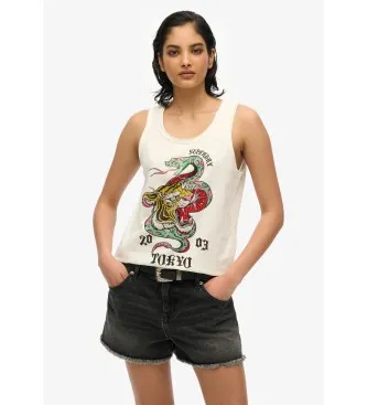Superdry för kvinnor. W6012044A Ärmlös topp med vid rund halsringning och vit Neo Trad-tatuering (XS), Casual, Bomull, Ärmlös / Hängselbyxor