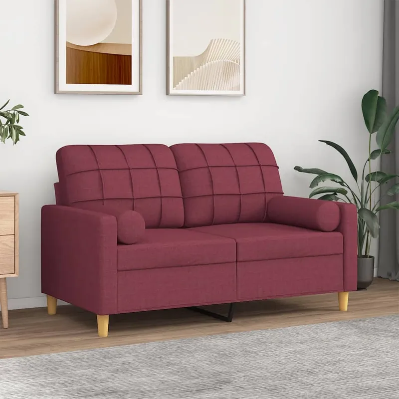 vidaXL 2-sits soffa med prydnadskuddar vinröd 120 cm tyg (#7470)
