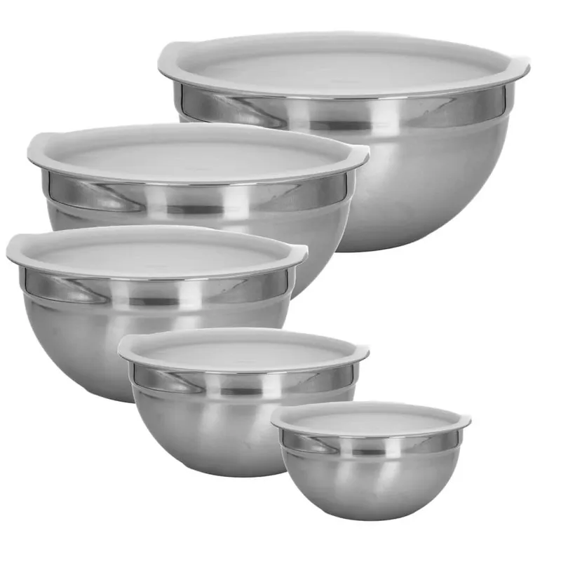 5-delat skålset blandningsskålar med lock av rostfritt stål – 18 x 9,5 / 20 x 10 / 22 x 11 / 24 x 12 / 26 x 12,5 cm – salladsskål serveringsskål
