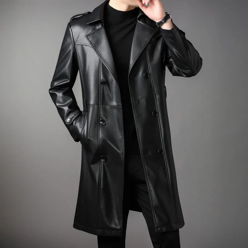 Lang skinnjakke Herre Høst og Vinter Ny Fløyel Dobbelspent Business Casual Mote Skinn Trenchcoat Herreklær 4XL Svart