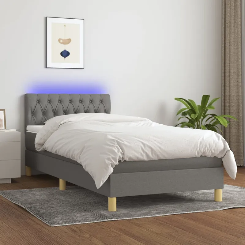 vidaXL Ramsäng med madrass & LED mörkgrå 90×200 cm tyg (#4503)