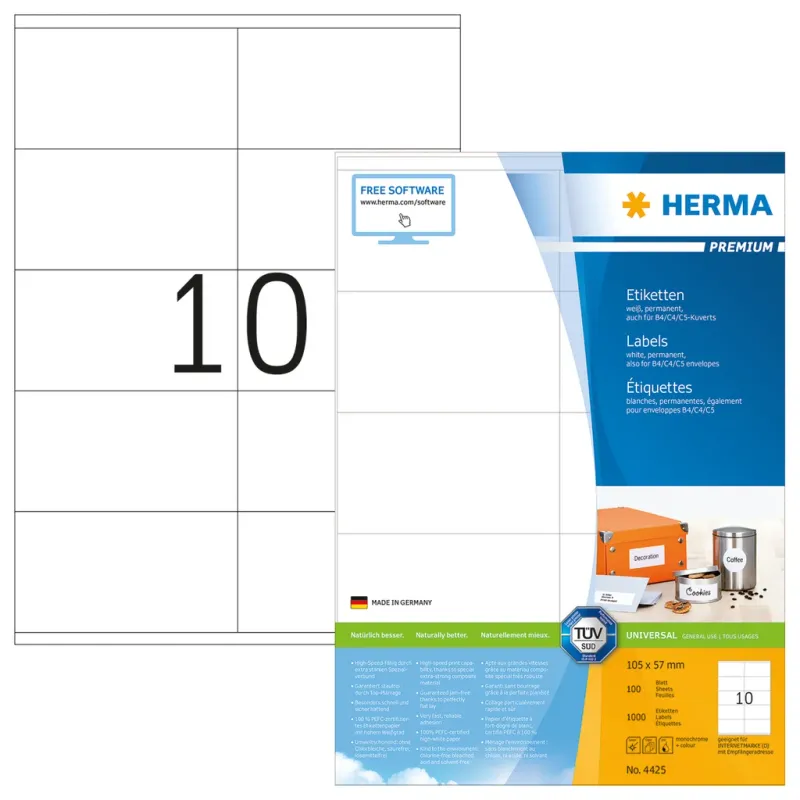 HERMA Premium – Papper – matt – permanent självhäftande – vit – 105 x 57 mm 1000 etikett (er) (100 ark x 10) laminerade etiketter