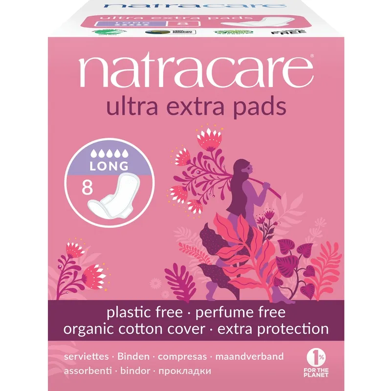 Natracare, Ultra Extra Binda, Ekologiskt Bomullsöverdrag, Lång, 8 Stycken