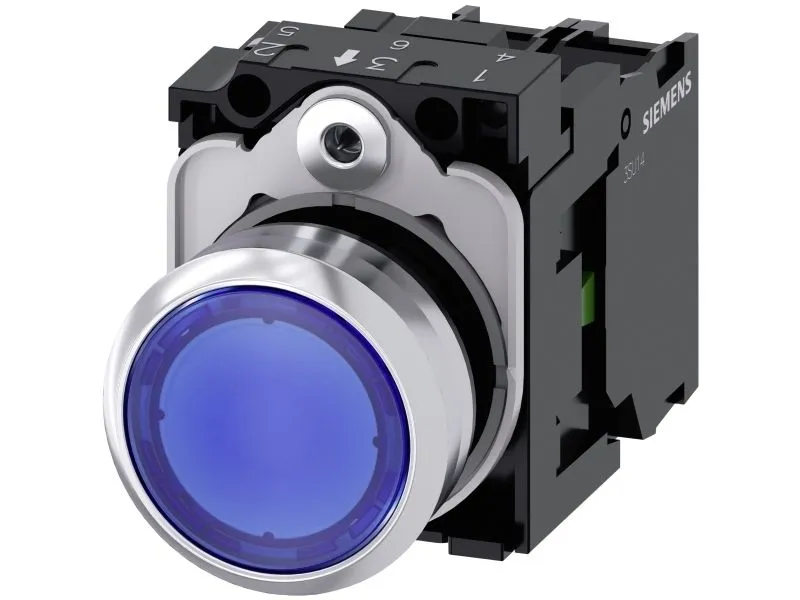 Siemens Illuminated pushbutton 22mm round metal shiny blue flat button