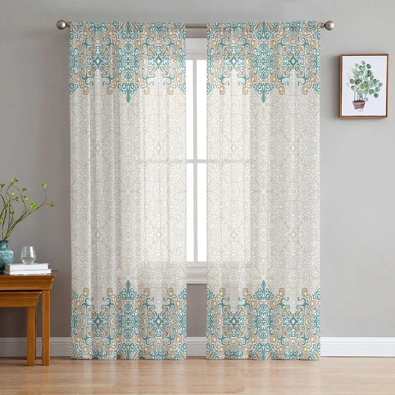 Bohemske Retro Etniske Tyllgardiner For Stue Voile Skjær Vindusgardin For Soverom Chiffongardiner For Kjøkken 135W x 114H(cm)