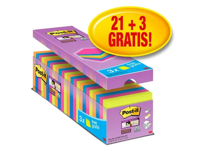 3M Post-it Super Sticky 76x76mm 24x 90 Sheets Assorted