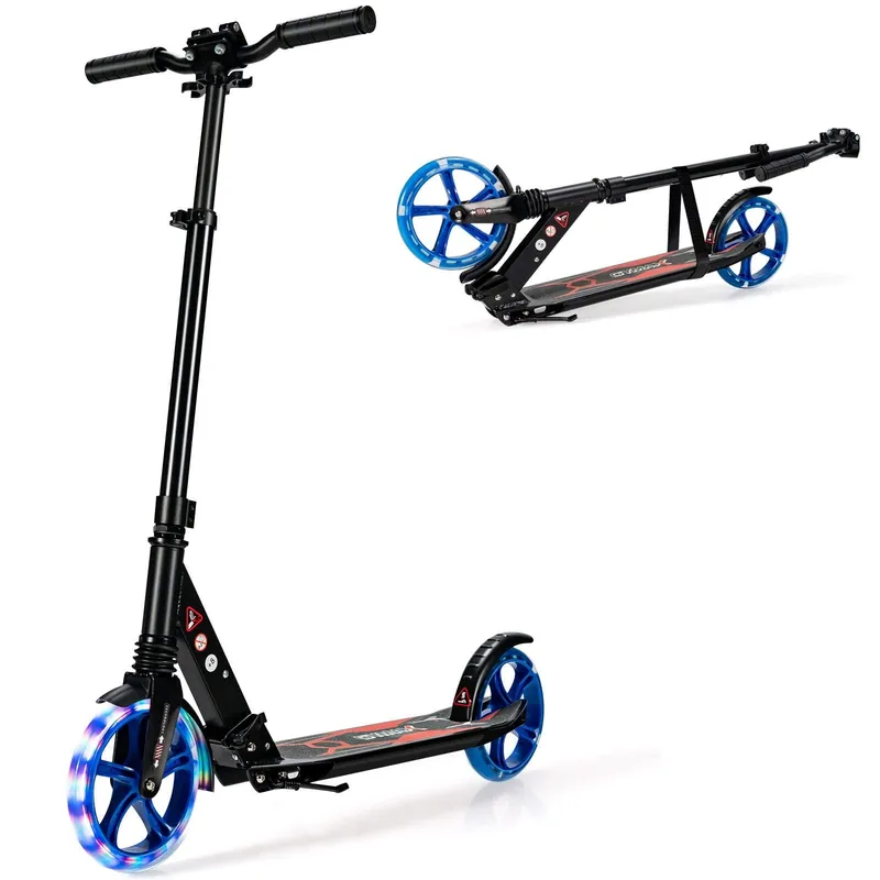 Justerbar sparkcykel för barn med LED-hjul - svart och blå