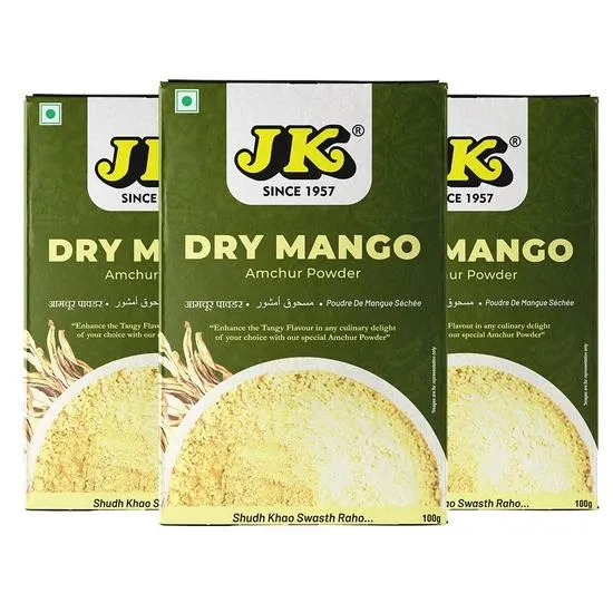 JK Amchur | Tørt mangopulver | Amchoor | Aamchur-pulver (100 g) - Naturlig, syrlig krydder for matlaging, indisk kulinarisk essensiell pakke med 3