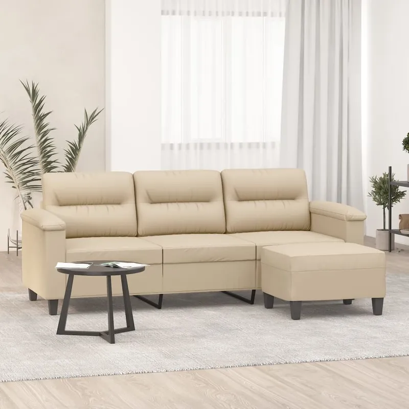 vidaXL 3-sitssoffa med fotpall gräddvit 180 cm mikrofibertyg