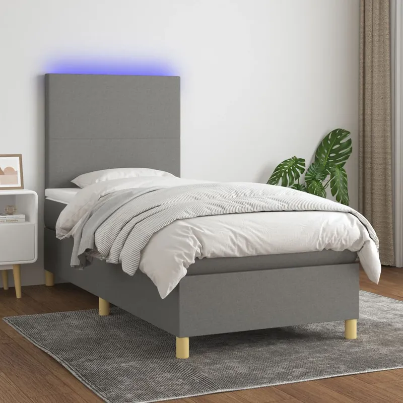 vidaXL Ramsäng med madrass & LED mörkgrå 90×200 cm tyg (#7701)