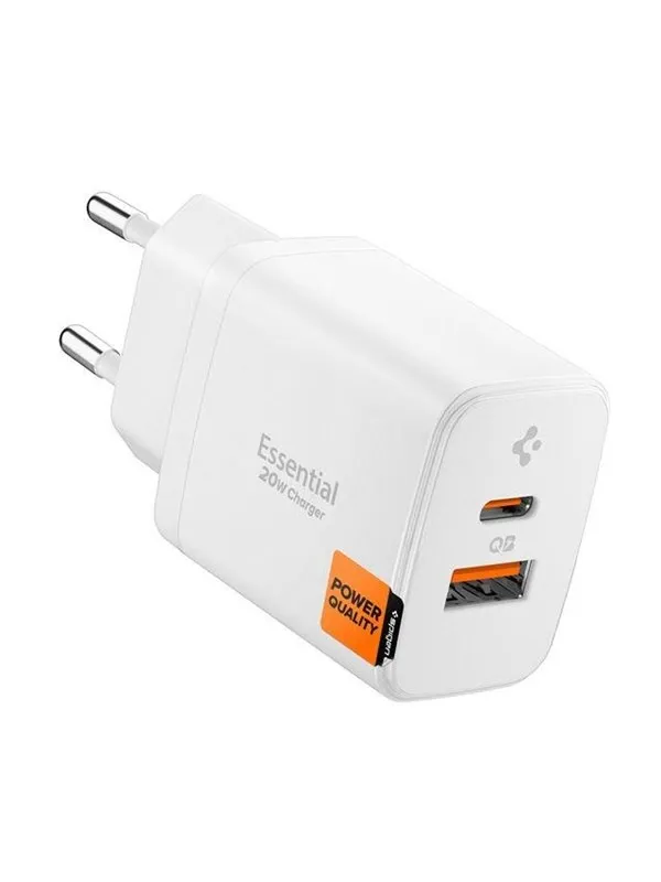 Spigen 2-Port Nätverk Laddare 20W ESSENTIAL EE202EU - Vit
