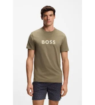 BOSS för män. 50491706 Bomullsstickad T-shirt med grönbrunt logotryck (S), Casual, Kort ärm