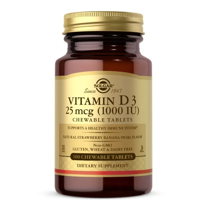 Solgar - Vitamin D3 Tuggtabletter, 25 mcg (smak av jordgubb och banan) - 100 tuggtabletter